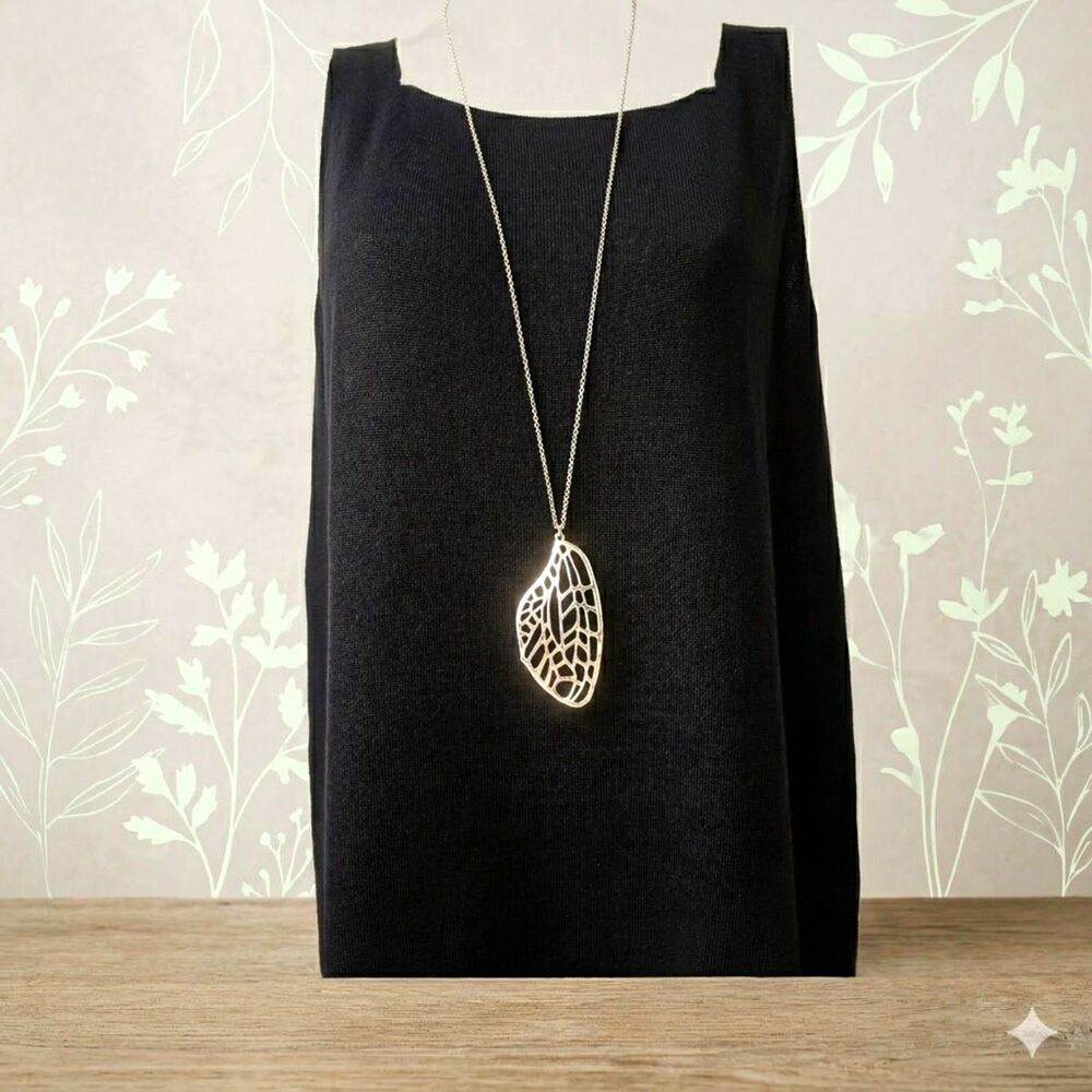 Karma Bella Long Cicada Wing Necklace 32" Silver Tone Chain Insect Pendant